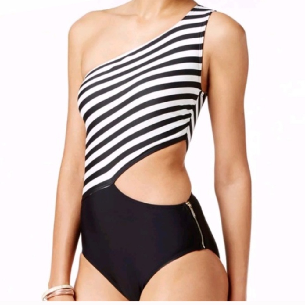 Michael Kors Cable Striped One Shoulder Swimsuit